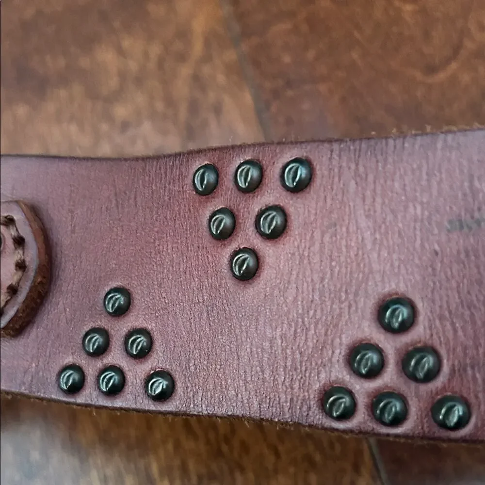 Western Boho Thick Brown Leather Belt with Stud Accents, D Ring Closure
